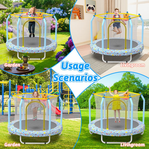 Mersco 55inch Toddler Trampoline, Mini Trampoline for Kids with Enclosure and Basketball Hoop, Birthday Gifts, Print