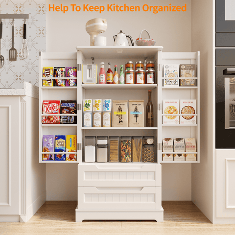 47'' Kitchen Pantry Storage Cabinet with 2 Doors and 8 Shelves, Noelse Wooden Food Storage Cabinets with 2 Drawers for Dining Room and Craft Room