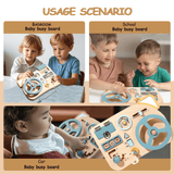 QXQ Montessori Busy Board Toy for Toddlers, Car Wooden Steering Wheel Sensory Board Educational Toys with 10 Motor Skills Activity, Driving Scene Travel Toys Toddlers Toy Gift for Boys and Girls
