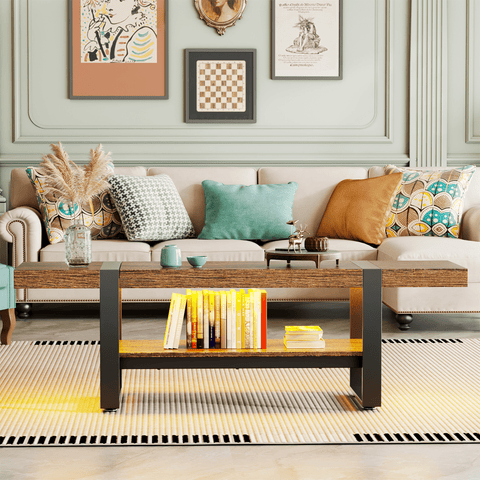 Behost Coffee Table for Living Room with Storage Shelf Farmhouse Style Center Table with Charging Station & Type-C Ports Easy Assembly Rustic Brown