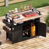 52.8"W Wicker Outdoor Grill Cart with Extended Plastic Wood Table Top, Rolling Kitchen Island on Wheels with Storage Cabinet, for Patio Backyard Garden Poolside, Double Handle Design, Black Brown