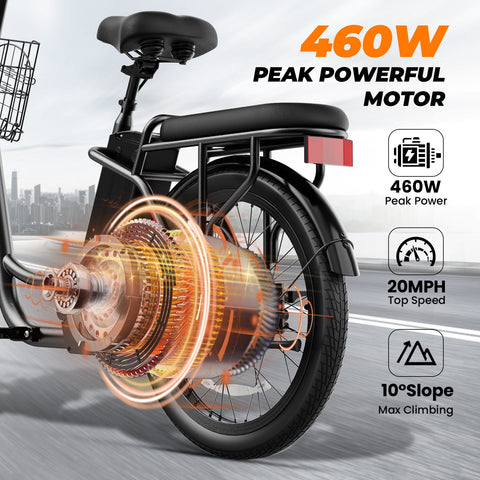 SANOPY 350W Electric Scooter with Seat, Up to 18 Miles Range 20 Mph, 20*1.95" Tires Step Thru Electric Bike，48V 5.2Ah Removable Battery, Rear Brushless High Speed Motor, Black-sz