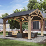 Aoxun 10' x 12' Outdoor Wood Gazebo, Hardtop Gazebo Permanent Wooden Pavilion with Galvanized Steel Gable Roof, for Patio, Garden, Deck, Cedar Wood