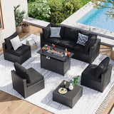 Aoxun 8 Piece Patio Furniture Set with 44” Fire Pit Table Wicker Rattan Patio Sectional Sofa Set Outdoor Seating Furniture with 4'' Thickened Cushion, Black (Include Waterproof Cover)