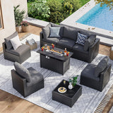 Aoxun 8 Piece Patio Furniture Set with 44” Fire Pit Table Wicker Rattan Patio Sectional Sofa Set Outdoor Seating Furniture with 4'' Thickened Cushion, Gray (Include Waterproof Cover)