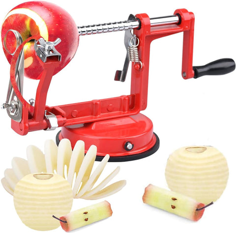 Apple Peeler Corer, 5 in-1 Apple Peeler Slicer Corer, Durable Heavy Duty Apple Peeler Slicer with Stainless Steel Blades and a Powerful Suction Base for Apples and Potato(Red)