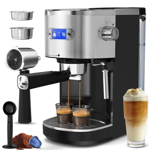 Auseo 20 Bar Semi-Automatic Coffee Maker, Espresso Machine, Steam Milk Foam for Home/Office/Cafe, Black