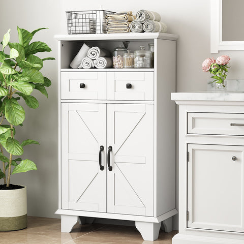 Bathroom Storage Cabinet with Doors and Drawers,Farmhouse White Bathroom Floor Cabinet freestanding with Adjustable Shelf,41.3"H Bathroom Organizer