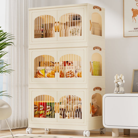 Behost 3 Pack Plastic Large Storage Bins with Lids, Closet Organizers and Storage, Stackable Storage Containers with Wheel, Beige