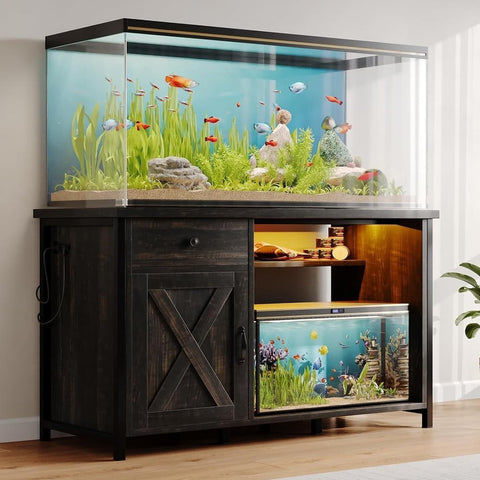 Behost Fish Tank Stand with Electrical Sockets, RGB Lighting, Cabinet for 55-75 Gallon Aquariums, Supports 900 lbs, White