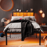 Behost Heavy Duty Twin Bed Frame with Storage Headboard, Charging Station and LED Light, No Box Spring Required, Black