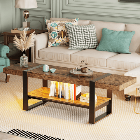 Behost Coffee Table for Living Room with Storage Shelf Farmhouse Style Center Table with Charging Station & Type-C Ports Easy Assembly Rustic Brown