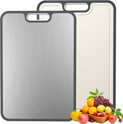 Cutting Board Double Sided, DOQAUS Stainless Steel Cutting Board for Kitchen, Food-Grade Stainless Steel and Wheat Straw PP, Chopping Boards with Groove for Meat Vegetables Home (Large 15''x10'')