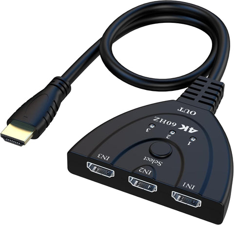 Duomigo 4K@60Hz HDTV 2.0 Switch, 3-in-1 HDTV Switcher with 1.64FT Cable, 3 Port HDTV Splitter for Xbox, PS5, PC, Supports 4K@60Hz, 1080P