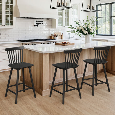 Dycanpo 24'' Wooden Windsor Counter Height Chairs Set of 3, Farmhouse Kitchen Stools with Back,Black