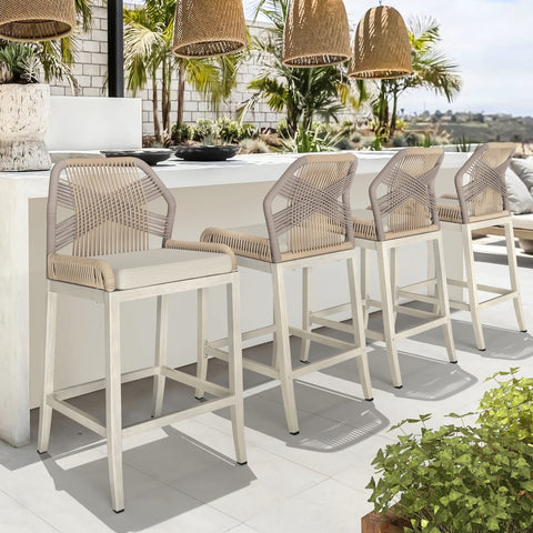 Dycanpo 26.5''H Outdoor Counter Height Chairs, Boho-Style Rattan Bar Stools Set of 4, Cream