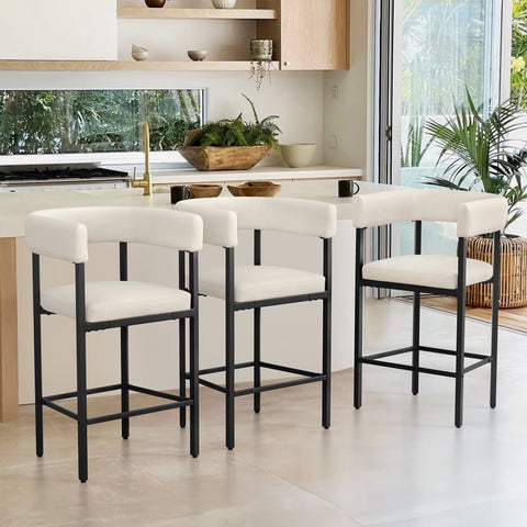 Dycanpo 26'' Barrel Bar Stools Set of 3 with Chenille Fabric Curved Backrest for Home Kitchen, Beige