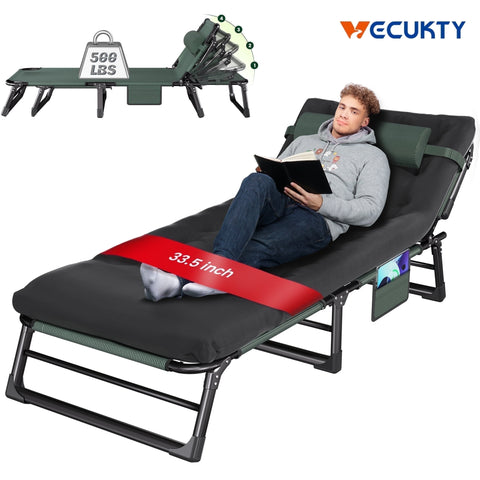 VECUKTY Foldable Camp Cot 500lb Capacity, 4-Position Reclining Lounge Chair with Pillow, Steel Frame & Oxford Fabric for Camping, Travel, Outdoor