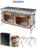 Vecukty Portable Camping Table Set - Aluminum Kitchen Station w/ Storage, Adjustable Feet & Trash Can, brown