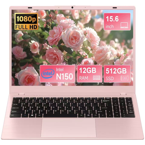 Akocrsiy 15.6 Laptop Computer, 12GB RAM 512GB SSD, Intel Alder Lake N150 (up to 3.6GHz), Windows 11 Pro Laptop Computer Pink, for Student, Home Office, Business