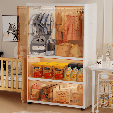 400Qt Super Large Storage Bins with Door and Wheels, Kids Closet Organizer with Hanging Rod, White