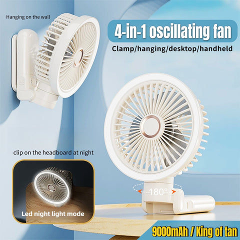 MUZPU New Multifunctional 9000mAh 4-Speed Oscillating LED Desktop Fan,Portable/Foldable Hanging Clip On Handheld Fan,Personal Rechargeable Small Fan For Home Travel Camping,11inch,Beige