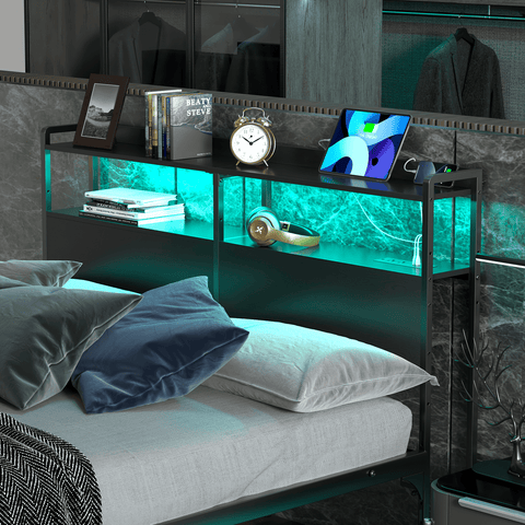 Behost Queen Size Panel Headboard with Outlet and LED Light, Queen Headboard with Two Tiers of Storage, Black