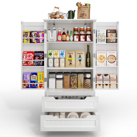 47'' Kitchen Pantry Storage Cabinet with 2 Doors and 8 Shelves, Noelse Wooden Food Storage Cabinets with 2 Drawers for Dining Room and Craft Room