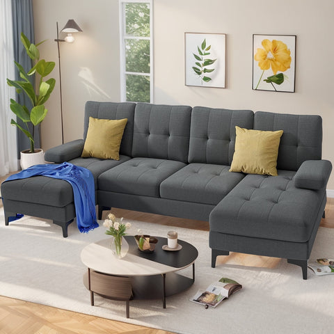 Noelse Sectional Couches for Living Room, L-Shaped Sofa Couch with Linen Fabric, 4 Seat Sofa Set with Double Chaise for Apartment and Small Places (Fabric, Dark Gray)
