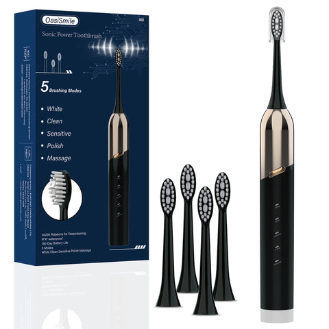 OasiSmile Sonic Electric Toothbrush for Adult with 4 Brush Heads, 50000 VPM Deep Clean Travel Tooth Brush, 5 Modes, Waterproof, Wireless Charging,Black