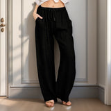 POROPL Cargo Pants for Women Clearance Under $20,Casual Loose Cotton Linen Solid Wide Leg Drawstring Elastic Waist Pants Cargo for Woman Black Size L