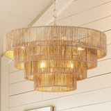 YANSUN Farmhouse 6-Light Hand-Woven Rattan Chandelier, Vintage Boho 19.7" Bamboo Light Fixture, Retro 4-Tier Drum Wicker Rattan Golden Chandelier for Dining Room, Kitchen, Living Room, E12