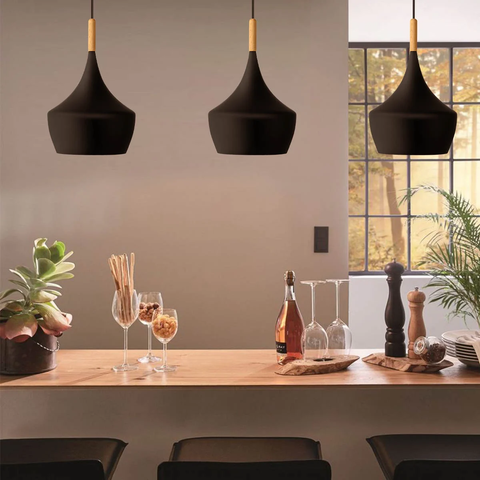3-Light Nordic Matte Black Industrial Hanging Pendant Light, Black and Wood Finish,Perfect for Dinning Table