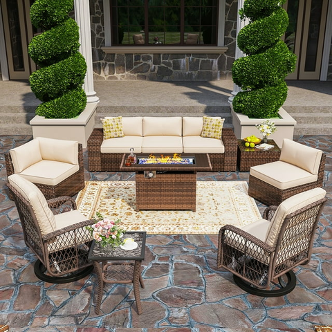 Aoxun 10 Galvanized Steel Waterproof Outdoor Conversation Sets with Table and Sofa, Beige