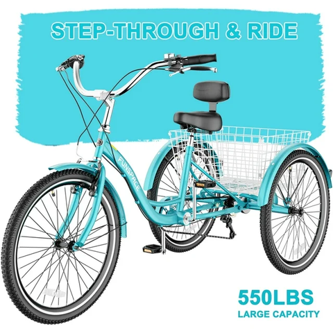 Lilypelle Adult Tricycles 7 Speed 26 inch Three Wheel Bike Cruiser Trike with Low-Step Through Frame/Large Basket for Men, Women, Seniors,Cyan
