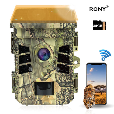 RONY 32GB Solar Trail Camera with Infrared Night Vision, 4K 30fps Motion Activated Waterproof IP66 Hunting Trail Cam for Wildlife Monitoring Scouting