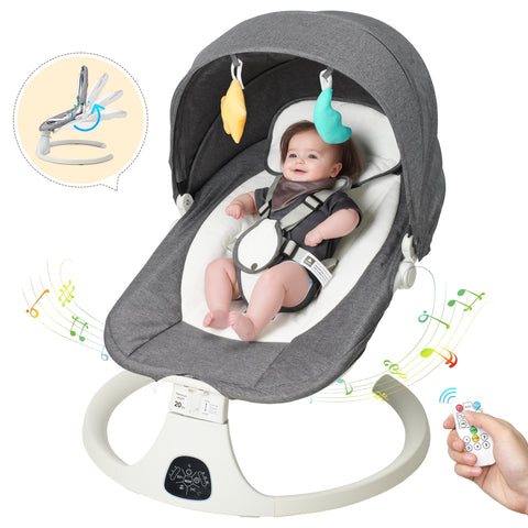 SACVON Baby Swing for Infants, Baby Rocker with 5 Point Harness, Bluetooth Support, 8 Preset Lullabies, 3 Speed Natural, with Remote Control and 2 Hanging Toys, Dark Gray