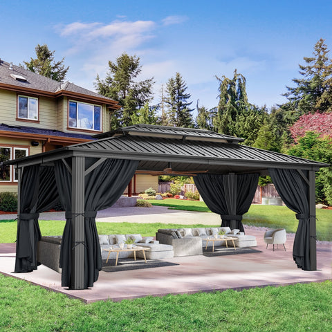 SANOPY 10x15ft Hardtop Gazebo Double Roof Aluminum Gazebo Outdoor Waterproof Gazebo Canopy with Netting and Curtains for Backyard, Deck, Patio,Black