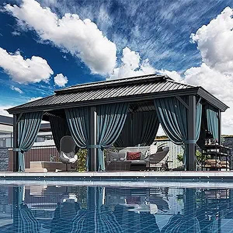 SANOPY 12'x20' Hard Top Patio Gazebo for Backyard with Mesh and Privacy Curtains, Gazebos Shelter with Display Shelves, Steel Frame, Patio Covers for Shade and Rain