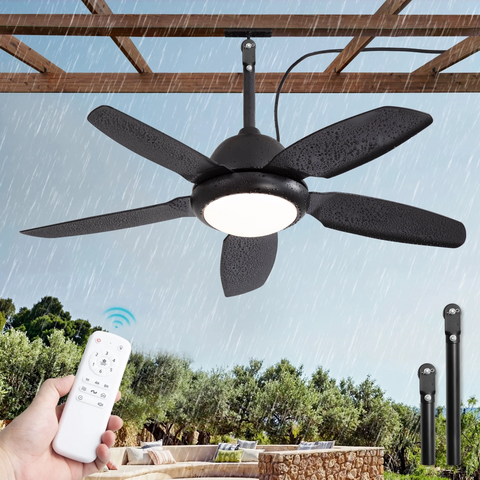 XSD Zardon 42" Black Outdoor Ceiling Fan with Light - Remote Control, 6 Speeds, Waterproof,