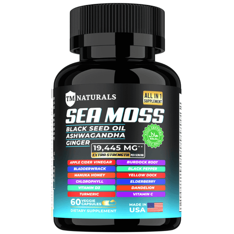 TM Naturals Sea Moss with Black Seed Oil for Hair & Ashwagandha - Immune & Energy Support - 60 Vegan Capsules with Free Pill Box1