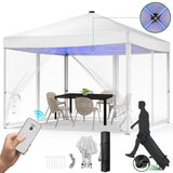 Vecukt 10x10ft Pop Up Canopy Tent with Removable Mesh Mosquito Sidewalls, Remote-Controlled 8-Color LED Lights ,Instant Outdoor Shelter Gazebo Tent, White