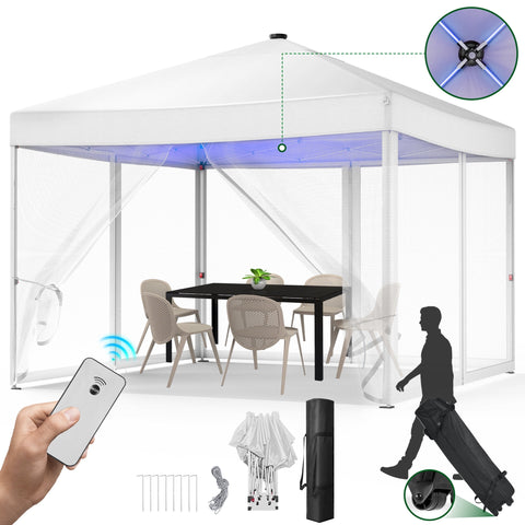 Vecukt 10x10ft Pop Up Canopy Tent with Removable Mesh Mosquito Sidewalls, Remote-Controlled 8-Color LED Lights ,Instant Outdoor Shelter Gazebo Tent, White