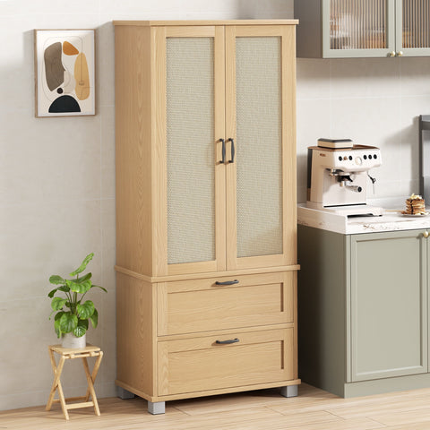 Walsunny 64" kitchen Pantry Cabinet with Rattan Doors and 2 Drawers, Freestanding Tall Storage Cabinet with Wine Rack Rattan Pantry Natural