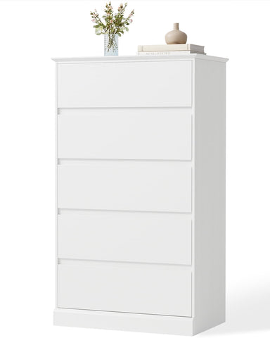 White Dresser for Bedroom with 5 Drawers, Tall Wood Drawer Dresser & Chest of Drawers for Closet, Living Room Hallway Kids Bedroom