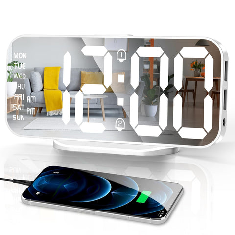 Digital Alarm Clock, Slim LED Mirror Desk Clocks for Bedrooms, Large Display with Diming Mode, Dual Alarms & USB Ports, 4 Levels Brightness, Modern Decoration for Home Living Room Decor, White