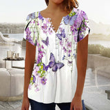 Xdegoge Flash Deals of The Day Summer Tops for Women 2025 Dressy Casual V Neck Short Sleeve Shirts Trendy Button Down T Shirt Tunic Cute Blouses Pullover Floral Print Going Out Tops Flash Deals