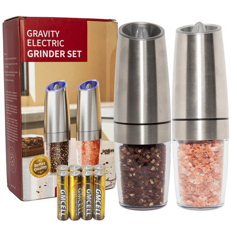 YUOFD Electric Pepper Grinder 2PCS, Electric Salt and Pepper Grinder Set with Battery, Gravity Sensing Automatic Grinding, Silver