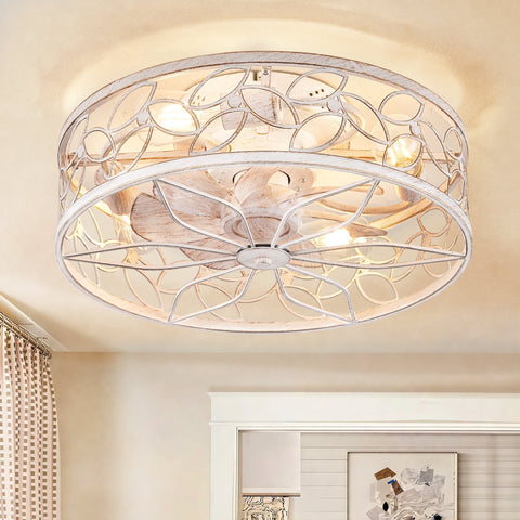 Zardon 18" White Gold Caged Ceiling Fan with Light and Remote Control - Flush Mount Low Profile DC Motor for Bedroom, Kitchen, Dining Room