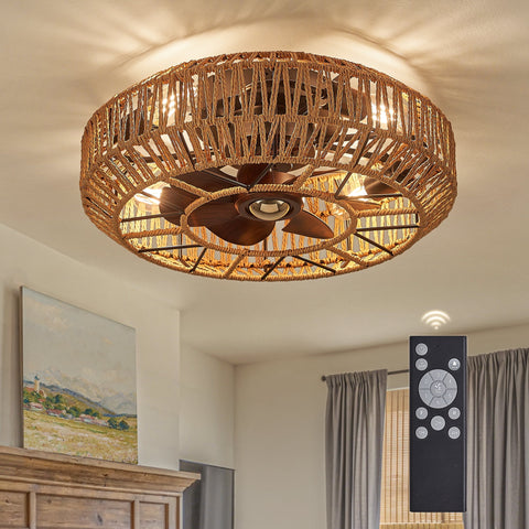 Zardon 20" Boho Ceiling Fan with Light & Remote, Rattan Caged Farmhouse Bamboo Flush Mount - 6-Speed Silent Motor, Timer for Bedroom, Living Room (Brown)
